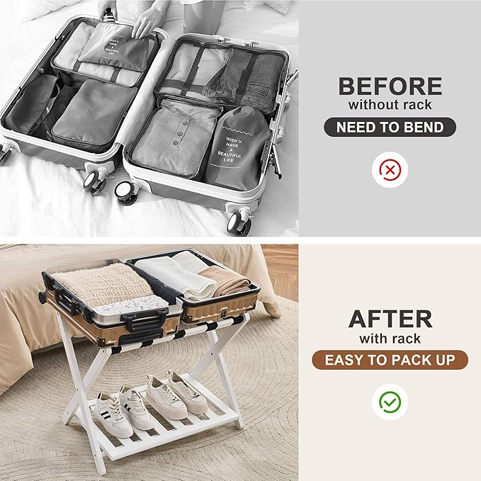 Fully Assembled Luggage Racks Pack of 2, Upgraded Bamboo Foldable Suitcase Stand with 5 Nylon Straps, 26.77" Thickened Luggage Stand Holder with Shelf for Guest Room Bedroom Hotel, White