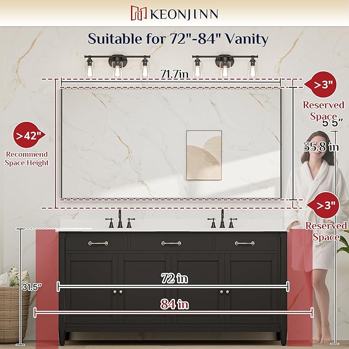 Keonjinn 72 x 36 Inch Bathroom Mirror, Black Large Rectangle Mirror for Over Sink, Square Corner Metal Framed Farmhouse Mirrors, Modern Rectangular Wall Mirrors(Horizontal/Vertical)