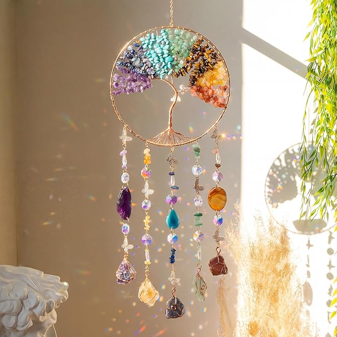 Chakra Dream Catchers Chakra Crystals Stones Crystal Sun Catcher for Windows Hanging Decoration Garden Wall Meditation Yoga Room Decor
