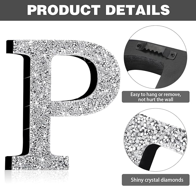 Qunclay 8'' Silver Crystal Diamond Bling Letters Crushed Diamond Decoration Wooden Glitter Letter with Screw and Hooks Rhinestone Gift for Wedding Y2k Mcbling Bedroom Wall Decor (Letter P)