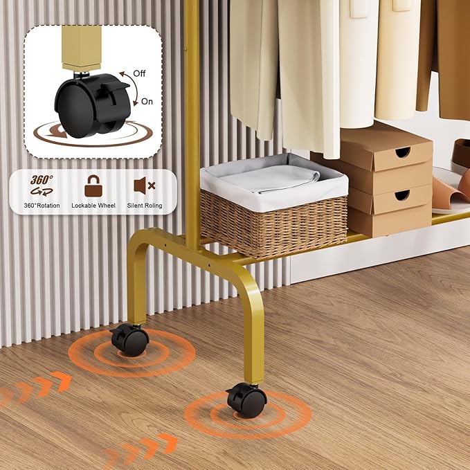 Rolling Clothing Racks for Hanging Clothes, Garment Rack for Clothes to Hang, Metal Portable Wardrobe Rack for Coats, Jackets, Shirts, Dress,Warm Gold