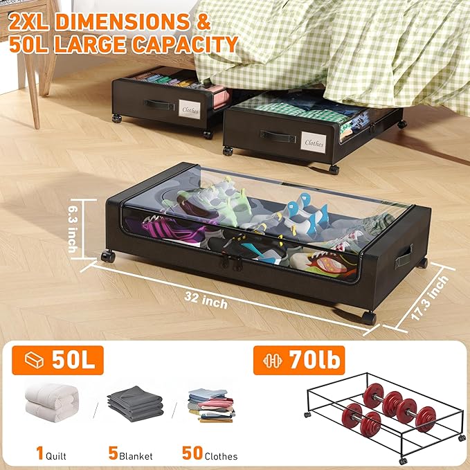 Under Bed Storage with Wheels, 4 Pack Under Bed Storage Containers with Dividers & Clear Lids, XXL 65L Under the bed storage Organizer Bins, Underbed Storage with Wheels for Clothes,Shoes,Toys - Black