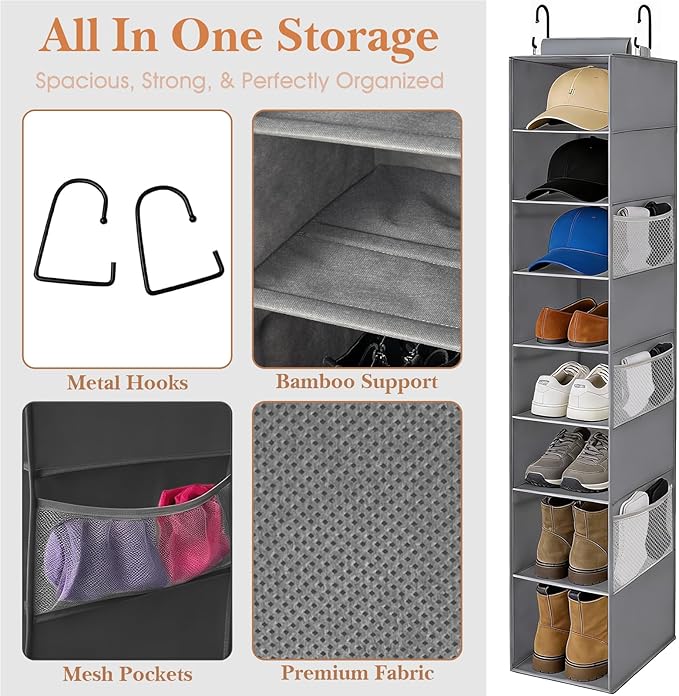 VERONLY Hanging Shoe Organizer for Closet,8-Shelf Hanging Storage with Side Mesh Pockets,Wider Shelves for Baseball Caps,Clothes (9" W × 11.8" D × 54" H) Grey