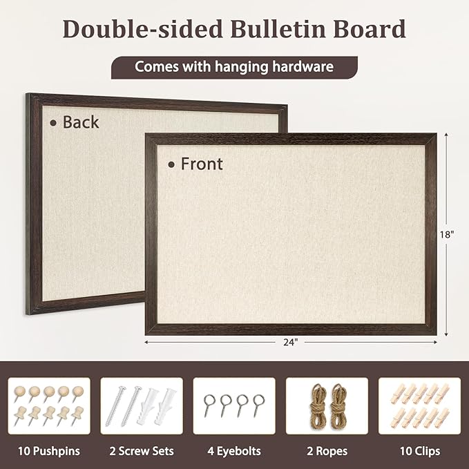 DOLLAR BOSS Bulletin Board with Linen 24'' x 18'' Wood Framed Cork Boards for Walls, Photo Display Pin Board, Decorative Corkboard for Office Home School Dorm Decor with 10 Pushpins, Dark Walnut