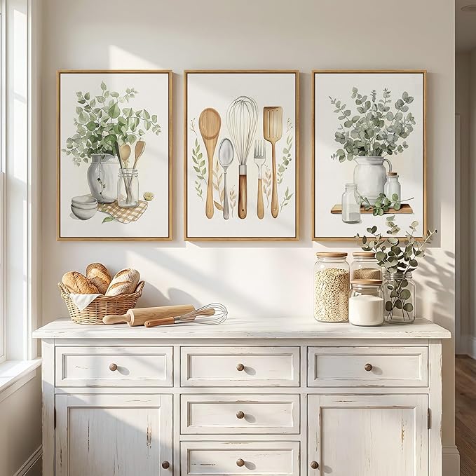 Framed Botanical Wall Art for Kitchen, 3 Piece Modern Farmhouse Sage Green Plant Canvas Painting Prints, Vintage Rustic Farmhouse Utensil Artwork for Kitchen Dining Room Coffee Bar Wall Decor, 16x24