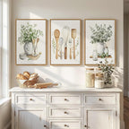 Framed Botanical Wall Art for Kitchen, 3 Piece Modern Farmhouse Sage Green Plant Canvas Painting Prints, Vintage Rustic Farmhouse Utensil Artwork for Kitchen Dining Room Coffee Bar Wall Decor, 16x24