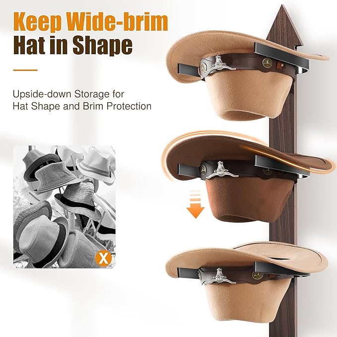 Cinati Cowboy Hat Rack Wall Mount - Wooden Western Rustic Metal Hanger With Arrow Sign Board - Holds up to 4 Hats, Fedora, Sun Hats (1 Pack)