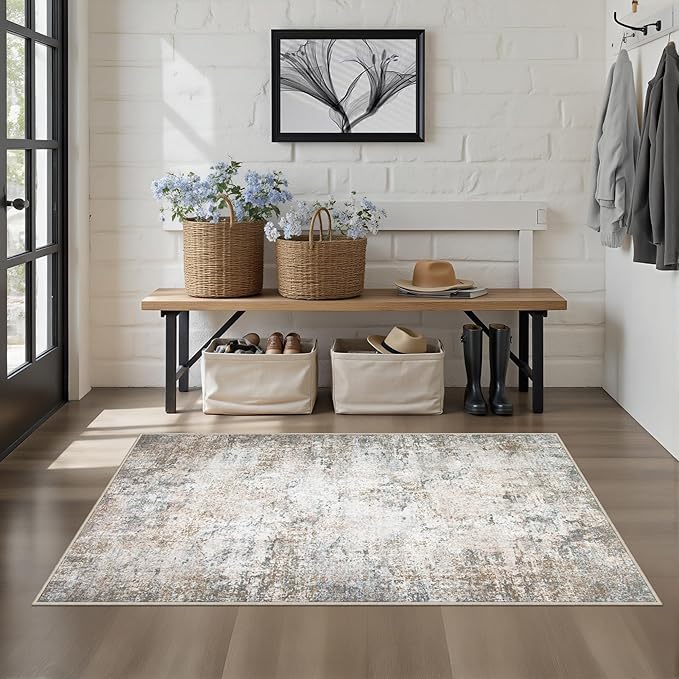 Washable Area Rug 3x5 Entryway Rug: Washable Modern Abstract Soft Thin Rug Indoor Floor No Slip Stain Resistant Carpet for Bedroom Dining Room Farmhouse Nursery Home Office - Brown Grey