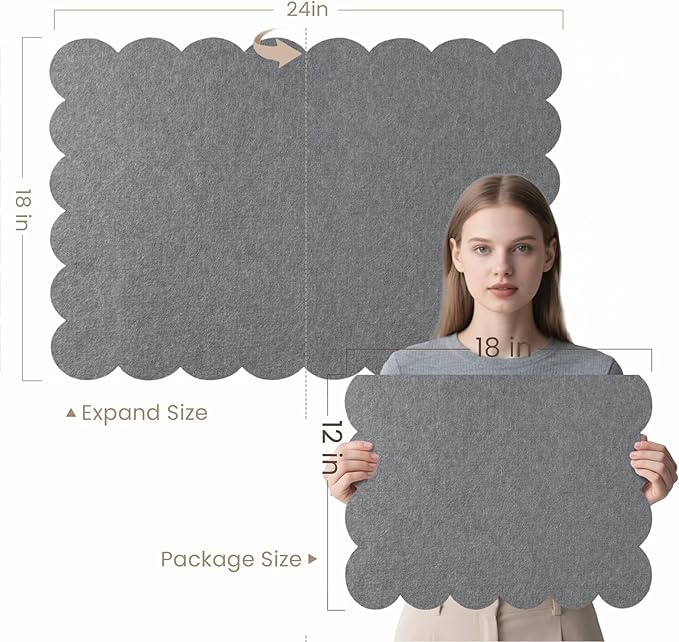 Lightomorrow Scalloped Bulletin Board, 24 x 18 Inches Felt Pin Board - Decorative Cork Alternative for Wall, Foldable Picture Self-Adhesive Vision Prayer Board with 20 Pushpins - Gray