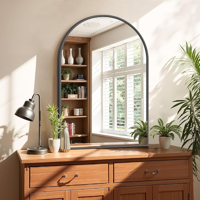 Bathroom Mirror for Wall, 30x20 Inch Arched Mirror, Matte Black Metal Framed Bathroom Vanity Mirror for Restroom Farmhouse, Anti-Rust, Tempered Glass, Hanging or Leaning