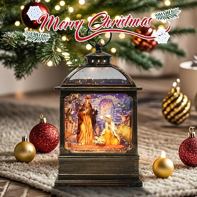 Christmas Snow Globe Lantern with Nativity Music Songs & 6H Timer Water Snow Globe Lantern USB & Battery Operated for Christmas Festival Decorations Gifts (Nativity)