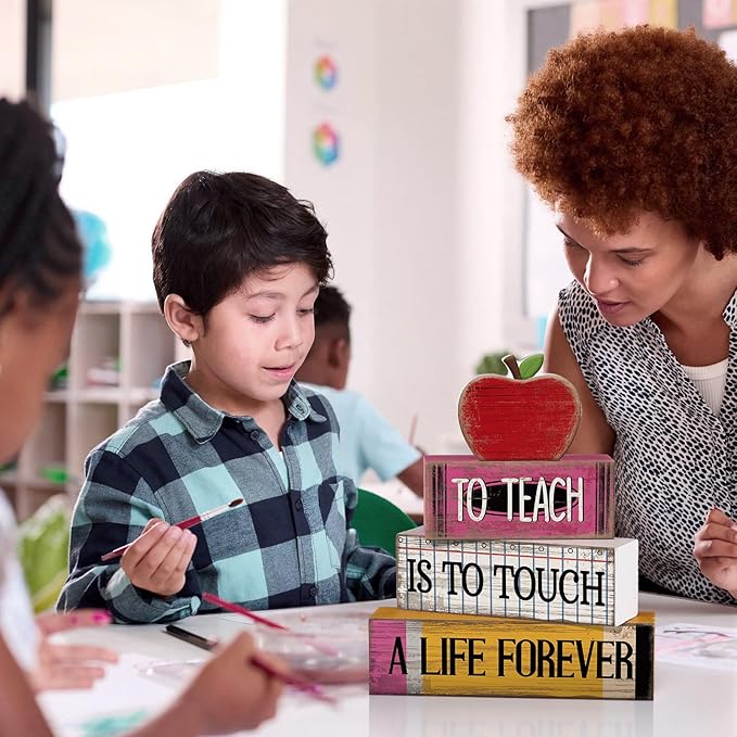 Moucuny 4 Pcs Teacher Appreciation Gift Retro Red Wooden Apples Decor Wooden Stacked Block Set, "to Teach is to Touch a Life Forever" Signs with Apple Topper, Rustic Classroom Decor for Home Desk