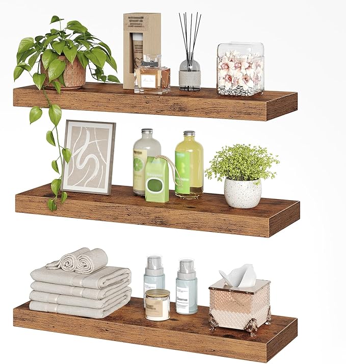 RALGEND Floating Shelves for Wall, 1.5" Thick Wall Shelf Set of 3 with Invisible Brackets, 23.6L x 7.9W Hanging Shelves Farmhouse Home Decor for Bathroom, Living Room, Bedroom, Rustic Brown 6301BJP3BF