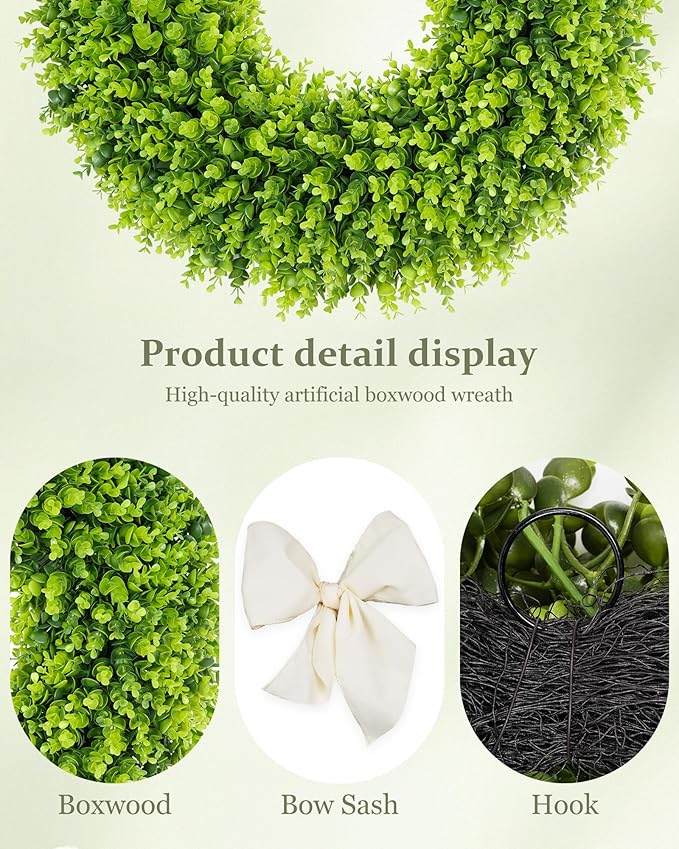 DDHS 28 inch Boxwood Wreath, Artificial Large Spring Wreaths for Front Door with Yellow Sash can DIY Shaped, Summer Wreaths for Hanging in the Shop, Farmhouse, Roof Green Everyday Wreath Home Decor