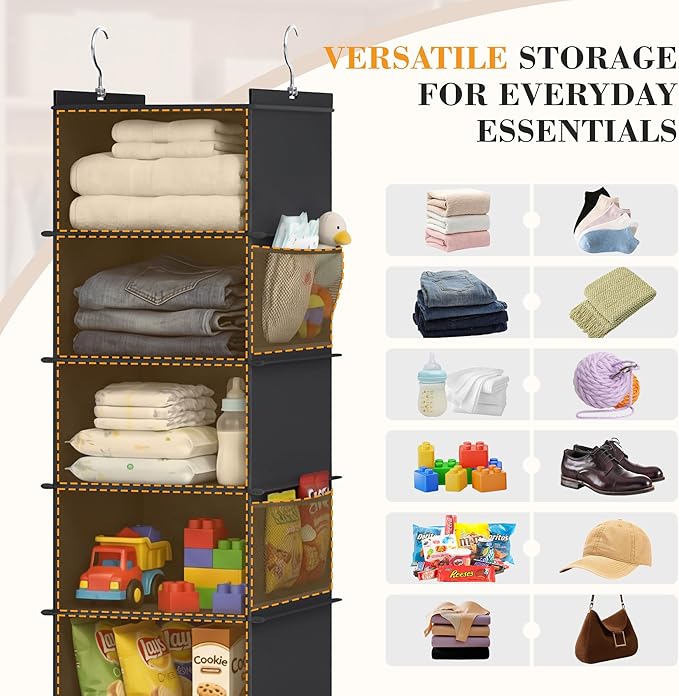 YOUDENOVA Upgraded Extra Wide Hanging Shoe Organizer for Closet, 8-Shelf Storage Organizer with 8 Side Pockets, Hanging Shoe Rack for Hats Clothes Jeans, Black