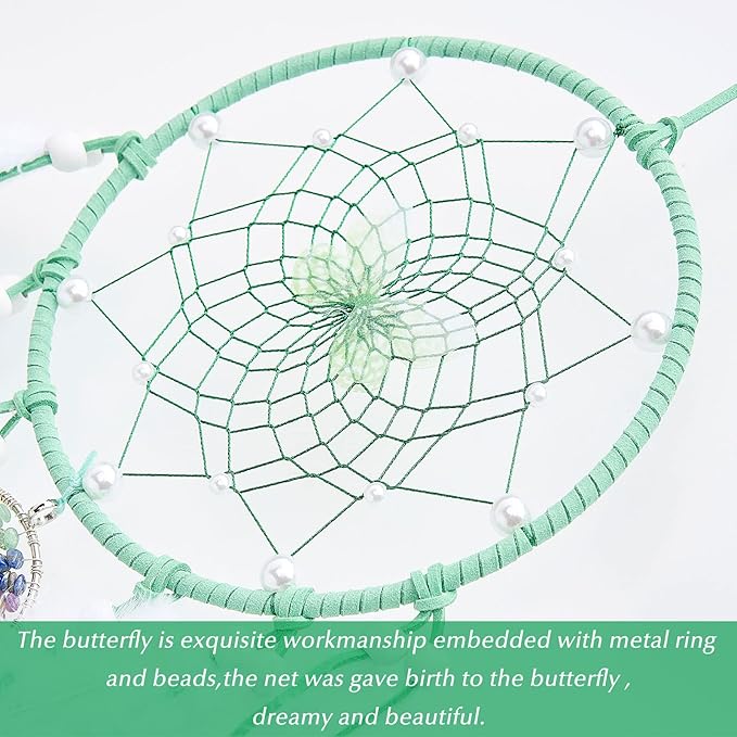 Dreamlike Butterfly Tree of Life Dream Catcher Wall Decor Green Dream Catcher with Crystal Stone Handmade Feather Dreamcatchers Home Decor Wall Hanging for Girls Bedroom Wedding Craft Gift-29.5"