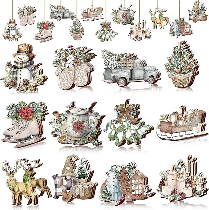 Suzile 36 Pcs Wooden Ornaments Vintage Tree Ornaments Decorations for Tree Wreaths Hanging Wood Cutouts Decor for Home Winter Party(Snowman Style)