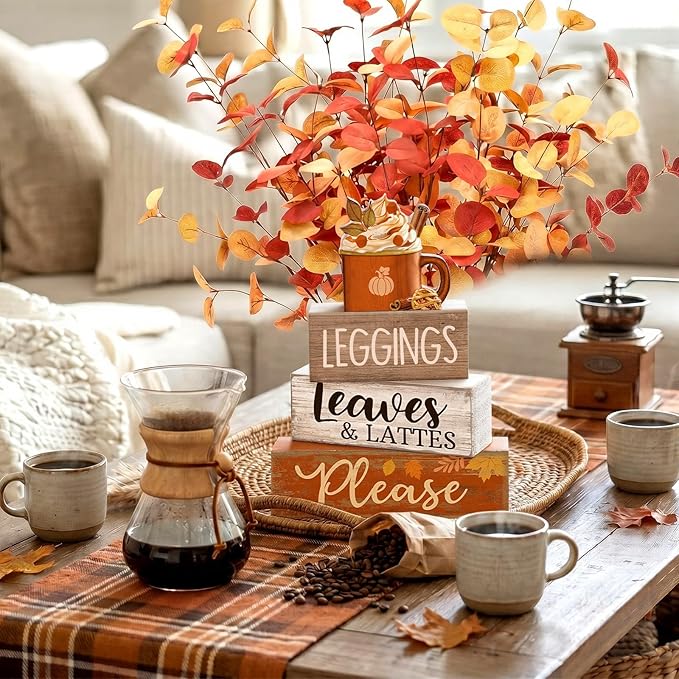 Lineshading 4 Pcs Fall Coffee Table Decor Fall Decoration for Home Wooden Stacked Block with Pumpkin Latte Topper Rustic Thanksgiving Tiered Tray Decor for Harvest Party Home Kitchen Coffee Bar Shelf
