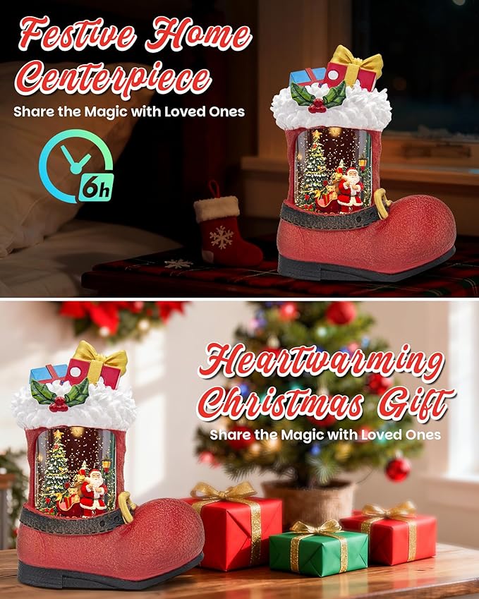 Large Christmas Snow Globes Light up Snowglobes Christmas Lantern with 8 Songs, 9.65" Red Boot Christmas Snow Globe for Kids Adults, 6H Timer & Dual Power, Lighted Christmas Decorations Indoor Gifts