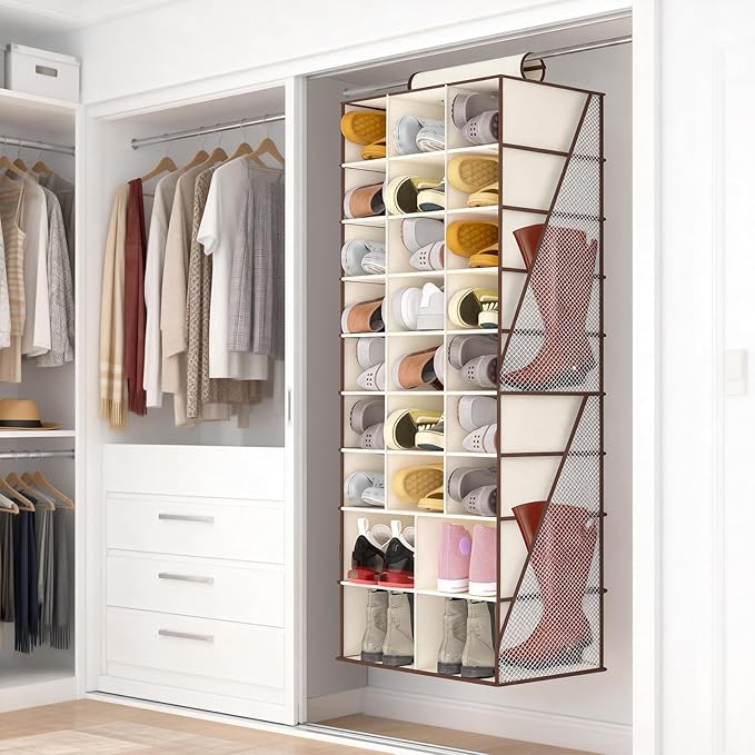 VERONLY Hanging Shoe Organizer for Closet-Collapsible Storage Rack with 25 Sections & 4 Side Pockets, Hanging Shoe Shelves for Hats,and Clothes, Beige