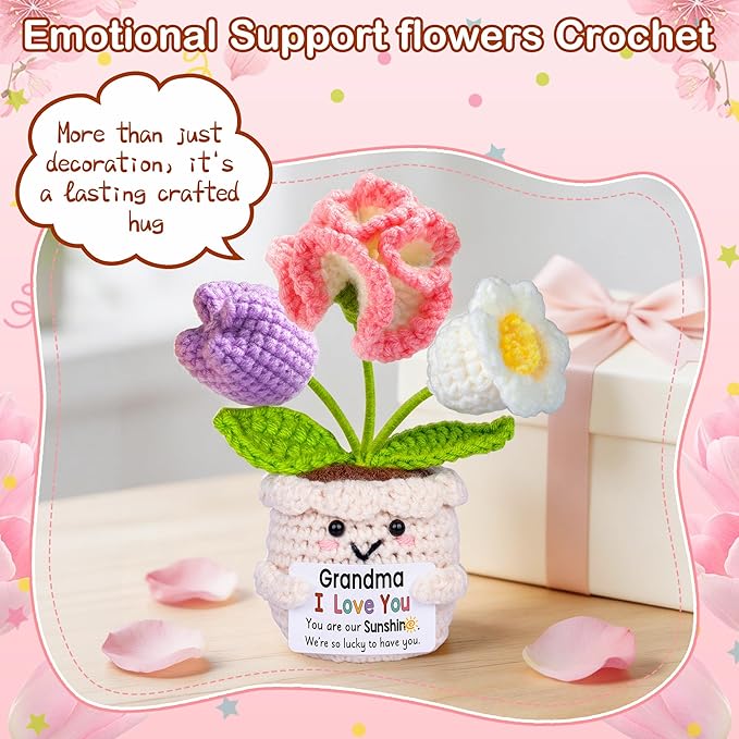 Gifts for Grandma, Grandma Gifts from Grandkids, Birthday Gift for Nana Grandmother GaGa, Mother's Day Birthday I Love You Present for Grandmother, Cute Handmade Crochet Positive Tulip Flowers Doll