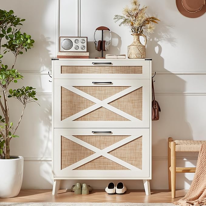 LEYAOYAO Shoe Storage Cabinet for Entryway with 2 Rattan Flip Drawers, Boho Narrow Shoe Cabinets for 16-20 Pairs Shoes with Large Drawers, Hidden Slim Shoe Rack with Wood Legs for Hallway, Off White