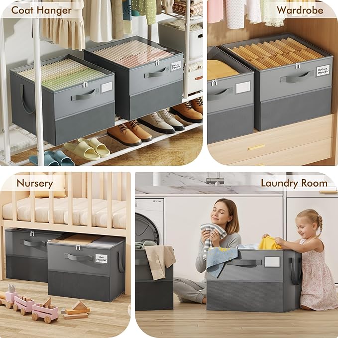 2 Pack Shoe Organizer for Closet, Large Shoe Box Storage Containers, Foldable Shoe Storage Organizer Box Bin with Adjustable Dividers and Clear Cover, Space Saving Shoes Holder, Gray