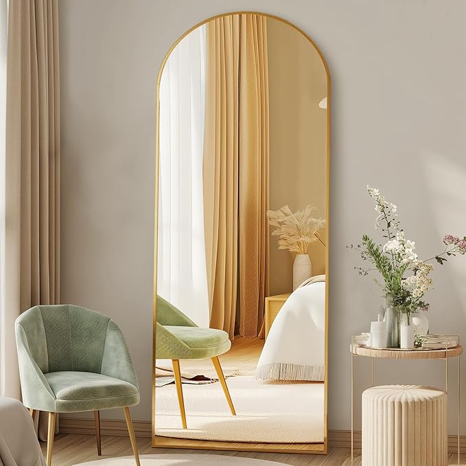 DUMOS 58"x19" Arched Full Length Mirror with Stand, Floor Standing Aluminum Frame, Shatter-Proof Nano Glass for Bedroom, Living Room, Cloakroom – Modern Simple Home Decor,Hanging or Leaning,Gold