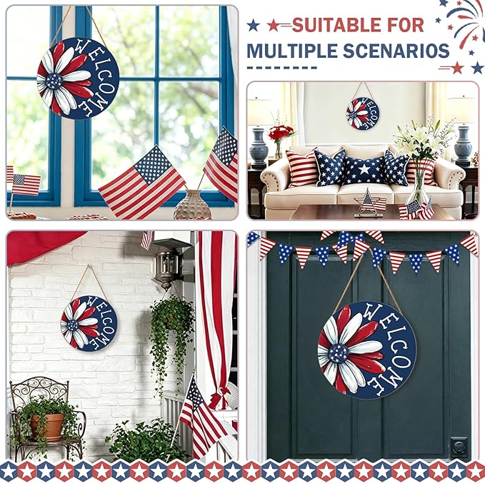 4th of July Decorations Memorial Day Door Sign 12x12 Inch American Patriotic Wood Door Hanger Independence Day Wreath Red White Blue Flower Welcome Hanging Sign for Front Porch Farmhouse Decorations