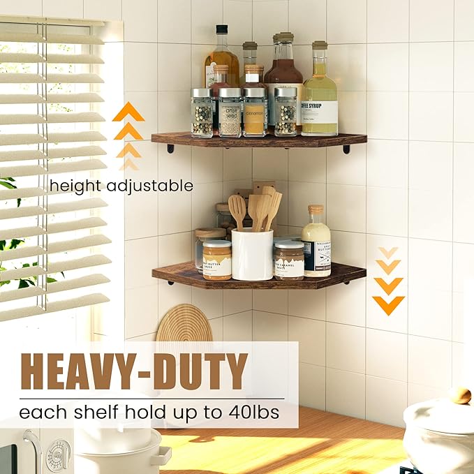 Fun Memories Corner Shelf Wall Mount, Floating Corner Shelves, Set of 4 Corner Wall Shelf Organizer, Rustic Wood Wall Storage Display Shelves for Living Room Bedroom Bathroom Kitchen, Rustic Brown