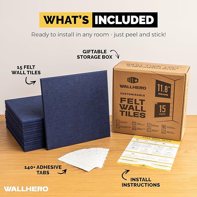 WALLHERO Large Cork Board Alternative | 15 Pack | Sizing Up to 59”x36”, Felt Wall Tiles, Office Wall Decor, Large Cork Boards for Walls, Corkboard, Cork Board for Office, Pin Board, Blue