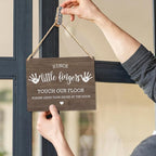 Wall Pediments Shoes Off Sign,Shoes Off Sign for Front Door,Since Little Fingers Touch Our Floor Door Sign,Shoes Off Hanging Welcome Sign for Front Door,6x12 Inches，Wood Grain-5