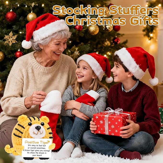 Positive Crochet Tiger Funny Valentine's Day Birthday Gifts for Women Men Coworkers Friend Daughter Dad Son Appreciation, White Elephant Small Xmas Stocking Stuffers Thanksgiving Emotional Cute Decor