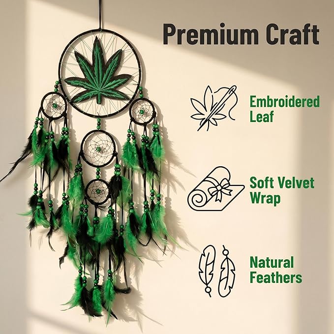Green Leaf Weed Dream Catcher Wall Hanging Decor Bedroom Adult Living Room Home Bohemian Decorations (5 Rings)