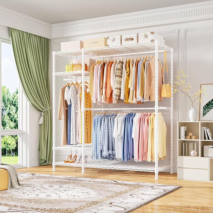 Ulif F7 Garment Rack, Heavy Duty Clothes Rack, Clothing Racks for Hanging Clothes, 6-Tiers Freestanding Portable Closet Storage Rack 58'' W × 14.6'' D × 76.6'' H, Max Load 800 Lbs, White