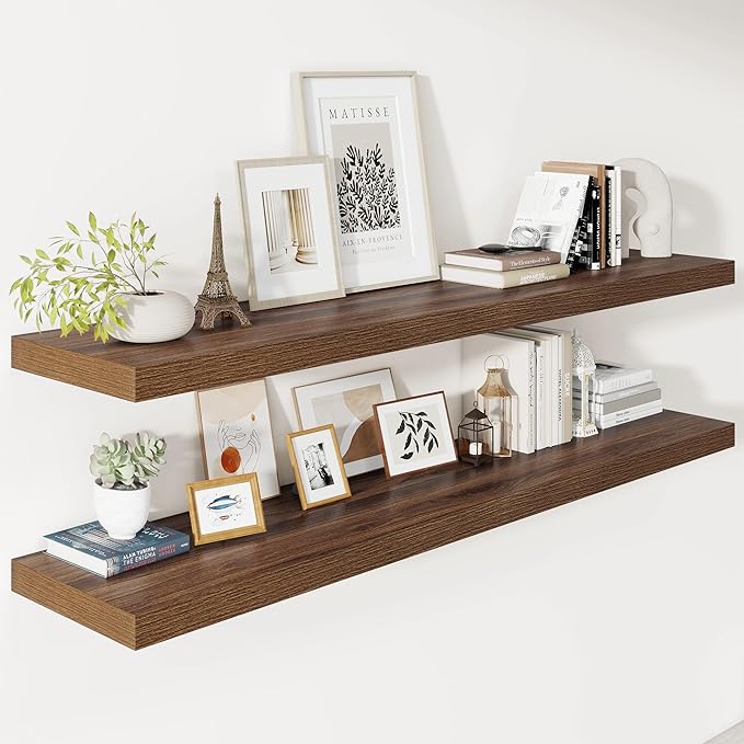 Vivelove Wide Floating Shelves for Wall 12 Inch Deep, 55" X 12" X 2" Floating Shelf, 2 Inch Thick Shelf for Living Room Bathroom Bedroom Kitchen Book Room, Rustic Farmhouse Decor Set of 2, Walnut