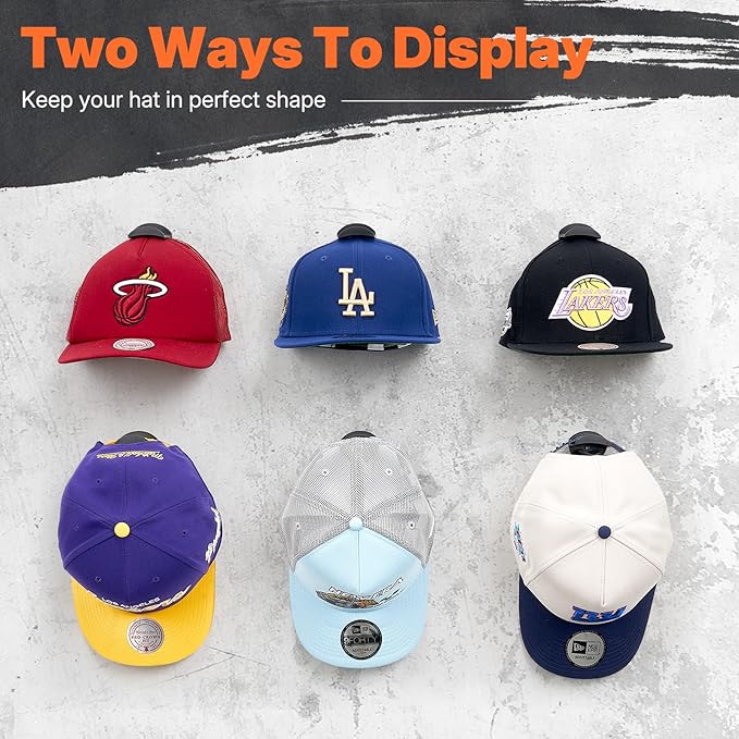 HOUSE DAY Adhesive Hat Hooks for Wall 8 Pack, Strong Hat Rack for Baseball Cap Display Organizer, Hats Holder for Wall, Door, Closet, No Drilling, Black