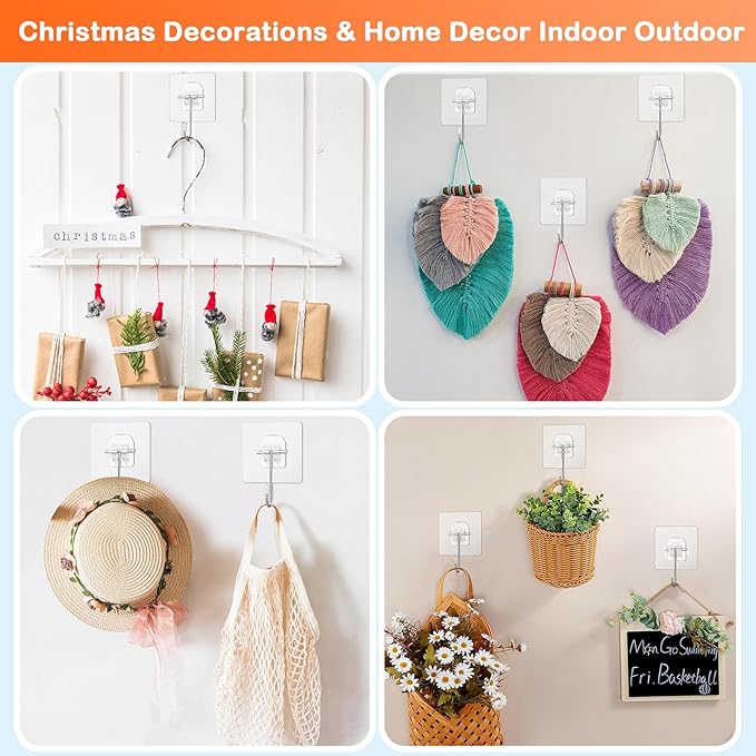 Wreath Hangers for Front Door, 20 Pack Large Wreath Door Hanger for Heavy Duty Easter Christmas Halloween Decorations, Clear Over-The-Door-Hooks Organizer, Adhesive-Wall-Hooks for Wreath Home Decor