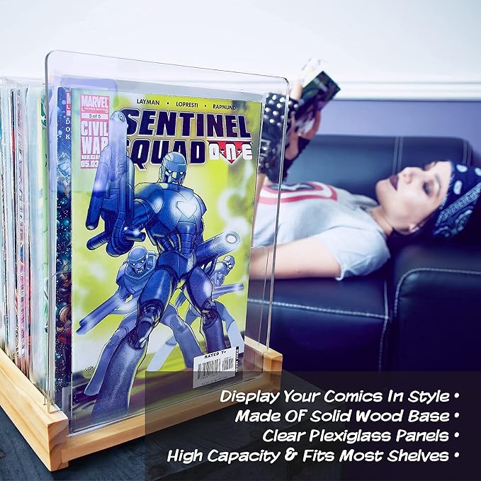 Patented Comic Book Storage Holder – Wooden & Acrylic Display Box/Case for Collectors – Organizer for Comics, Magazines & Books – Holds 150 Issues, 14.5x8 in (Natural)