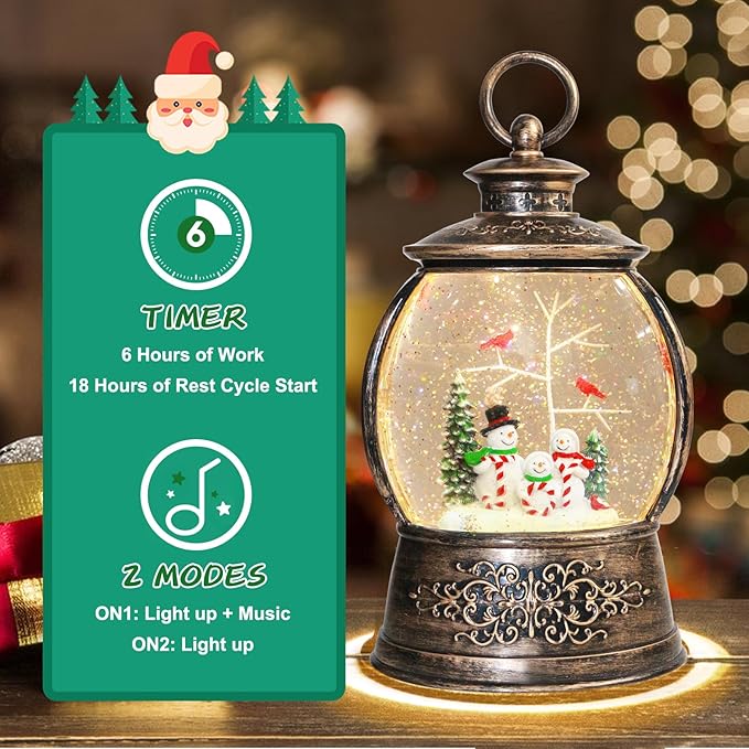 Christmas Cardinal Snow Globe 12.5In High, Snowman Musical Snow Globe Lantern Lights with 6 Hour Timer and Batteries Powered, Retro Style Holiday Glitter Globe for Xmas Home Decoration and Santa Gifts