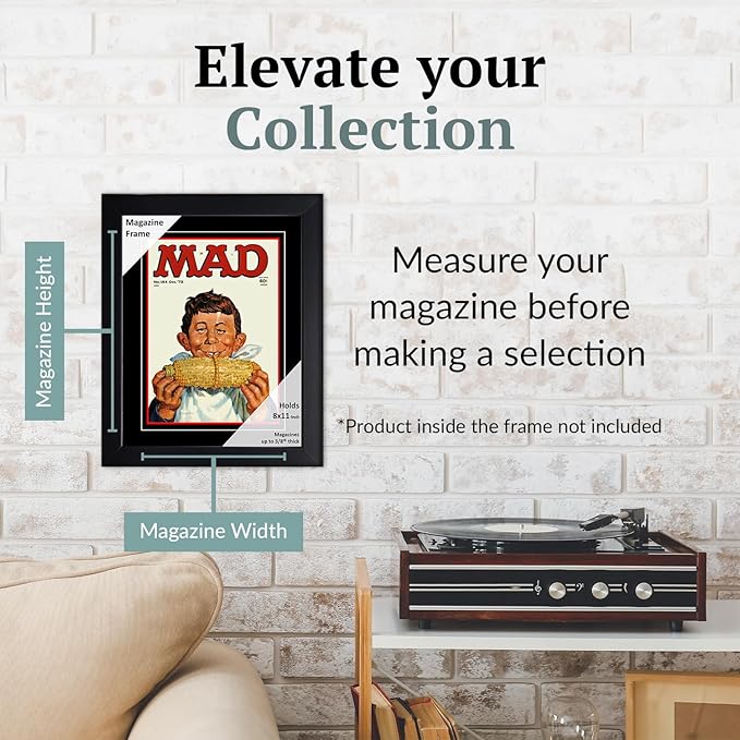 Creative Picture Frames 8 x 11 Magazine Frame with Full-Strength Glass, Holds Up To A 1/4" Thick Media with Installed Hangers for Easy Mounting, 10x12 Black Frame with Black Mat