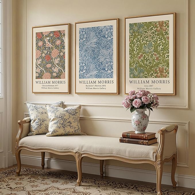 Large Framed William Morris Wall Art Set of 3, Vintage Green Botanical Floral Canvas Prints, Retro Classic Natural Pattern Paintings for Living Room, Bedroom, Dining Room, Hallway, Office Decor, Total Size 30x60 In