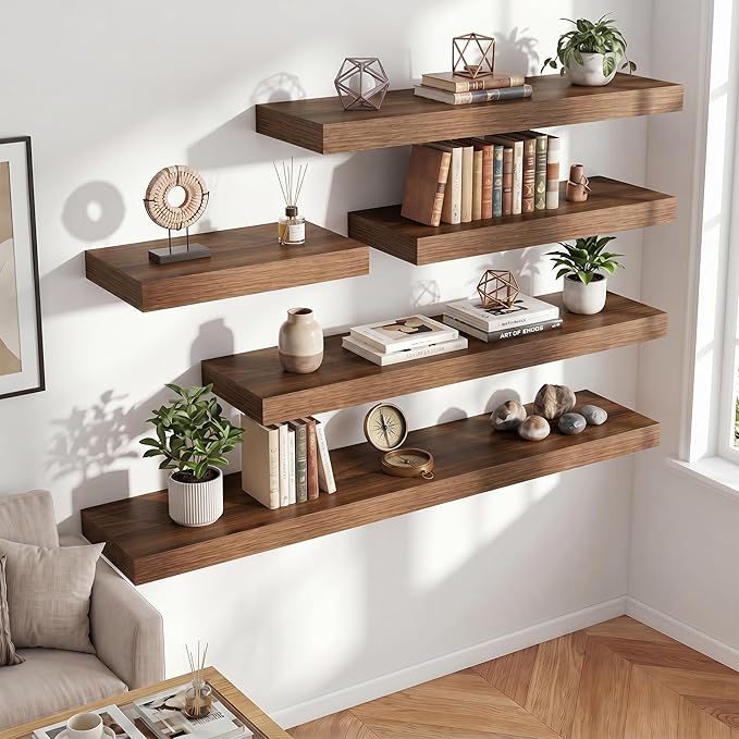 FLYJOE 36 Inch Long Floating Shelves for Wall Set of 1, 12" D Wood Grain Bathroom Shelves with Invisible Brackets, Easy Install Engineered Wood Storage Shelves for Kitchen, Living Room, Bedroom