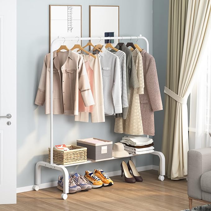 Rolling Clothes Rack Metal Clothing Rack with Wheels Garment Rack with Bottom Shelf for Hanging Clothes Shirts Jeans and Coats White