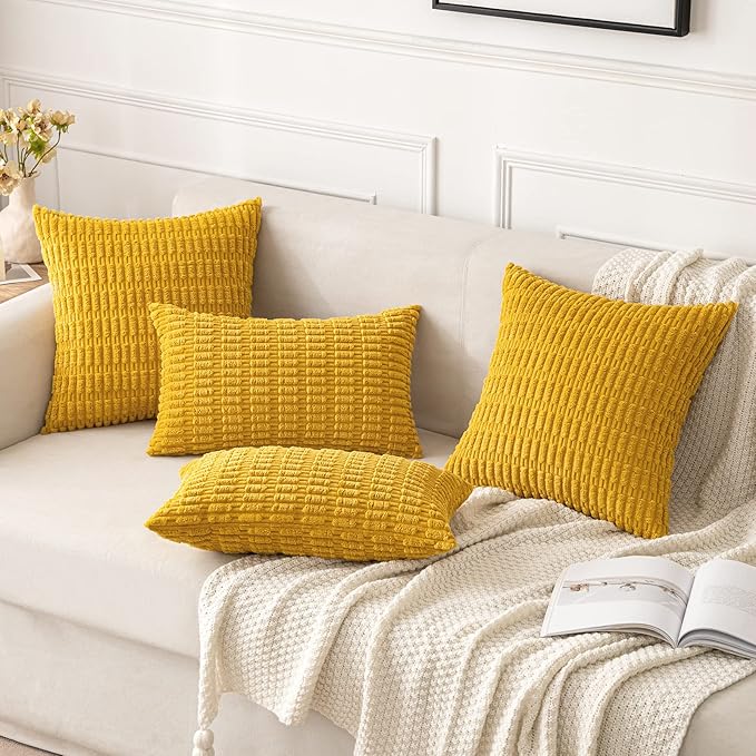 MIULEE Pack of 2 Corduroy Decorative Throw Pillow Covers 18x18 Inch Soft Boho Striped Pillow Covers Modern Farmhouse Home Decor for Summer Sofa Living Room Couch Bed Mustard Yellow