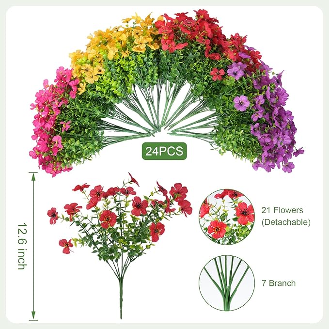24 Bundles Artificial Flowers for Outdoor Realistic Faux Flower Spring Summer Garden Home Decoration, Hanging Daisy with Eucalyptus Leaves Fake Plants Greenery Balcony Porch Patio Front Door Decor