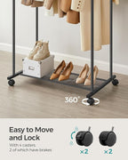 SONGMICS Double Rods Clothes Rack with Wheels, Clothing Rack for Hanging Clothes, Heavy Duty Garment Rack with Mesh Storage Shelf, 2 Brakes, Each Top Rail Holds up to 77 lb, Black UHSR26BKV1