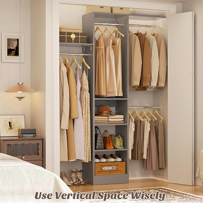48" Closet Organizer System, 4FT Closet System for Small Closets with 4 Hanging Rods & 3 Shelves, 80"H Small Closet Organizers and Storage for Bedrooms, Cloakrooms, Gray