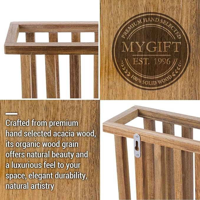 MyGift 11 Inch Premium Acacia Wood Wall Mounted Magazine Rack and File Folder Holder, Mid Century Modern Home Office Hanging Storage for Oversized Magazines