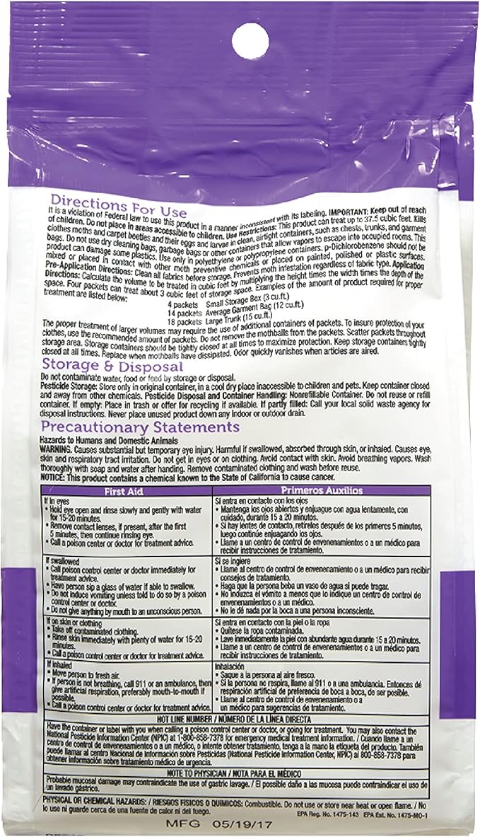 Enoz Lavender Scented Moth Ball Packets, Kills Clothes Moths, Carpet Beetles, Eggs and Larvae, 12 oz Resealable Bag (Pack of 3)